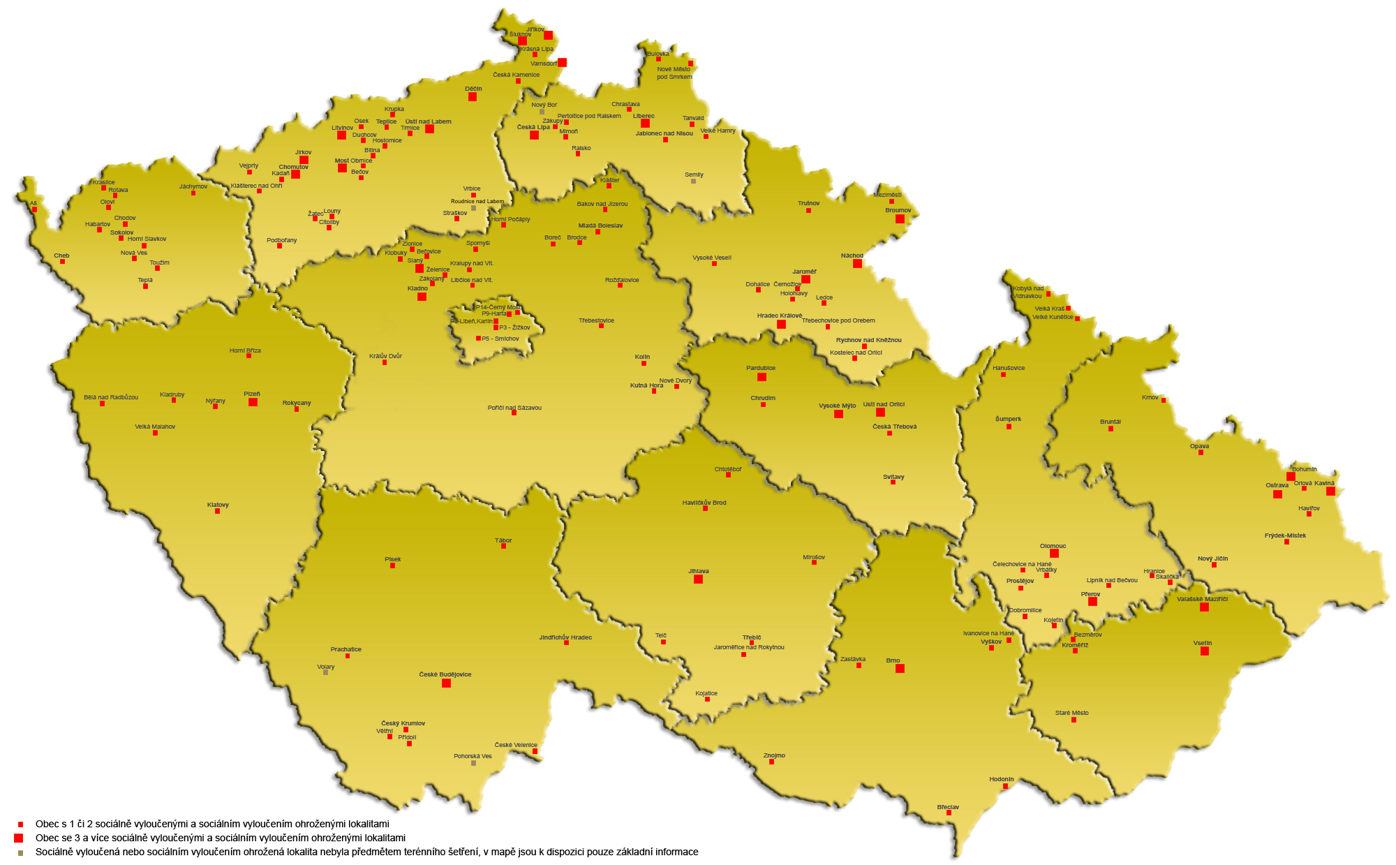 Mapa zkoumanch obc se sociln vylouenmi a socilnm vylouenm ohroenmi romskmi lokalitami na zem R